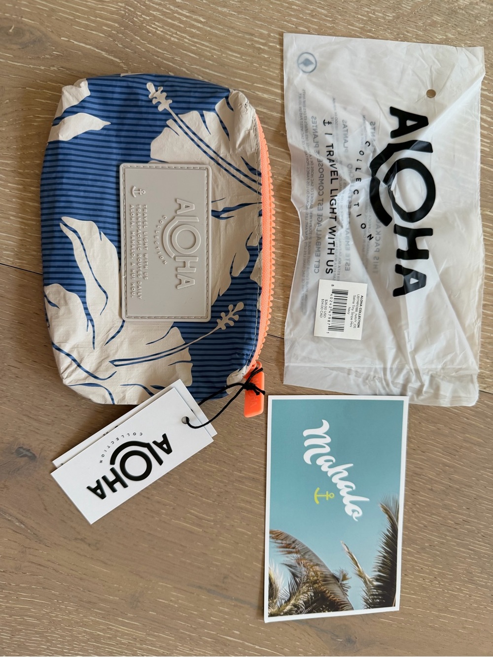 ALOHA Collection Blue White Floral Cosmetic Pouch with Coral Zipper